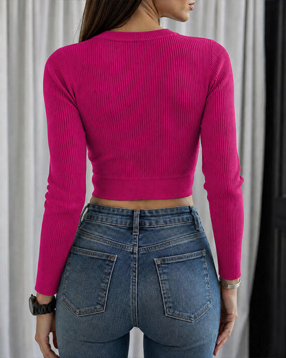 Women's Rhinestone Ribbed Knit Top Crisscross Cutout Waist Crop Tee Long Sleeve Slim Fit Layering Top