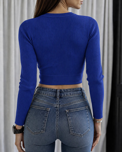Women's Rhinestone Ribbed Knit Top Crisscross Cutout Waist Crop Tee Long Sleeve Slim Fit Layering Top