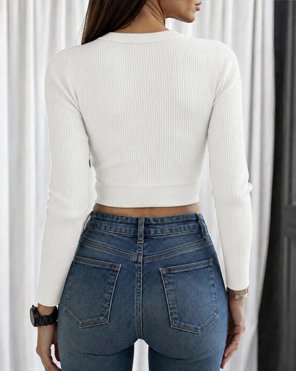 Women's Rhinestone Ribbed Knit Top Crisscross Cutout Waist Crop Tee Long Sleeve Slim Fit Layering Top
