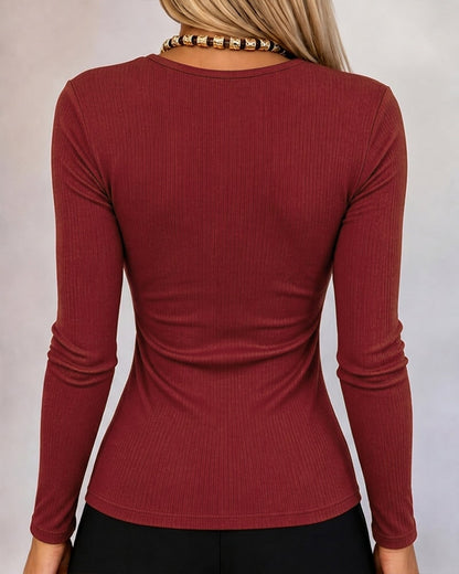 Women's Gold Button Long Sleeve Crewneck Ribbed Knit Slim Fit Top