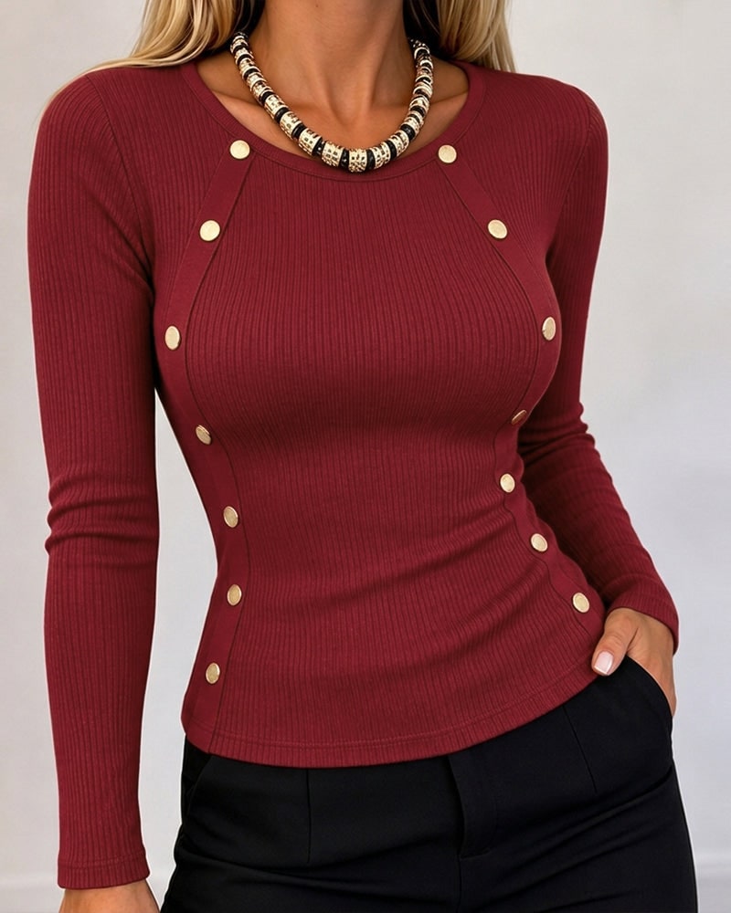 Women's Gold Button Long Sleeve Crewneck Ribbed Knit Slim Fit Top