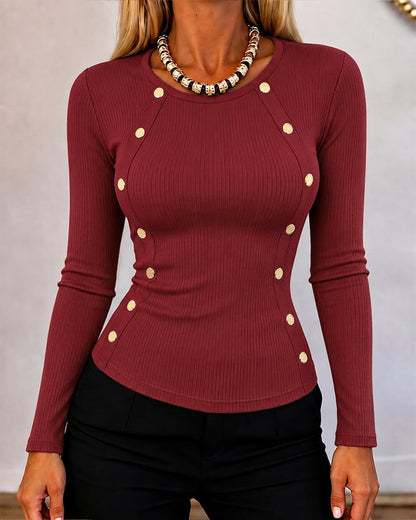 Women's Gold Button Long Sleeve Crewneck Ribbed Knit Slim Fit Top