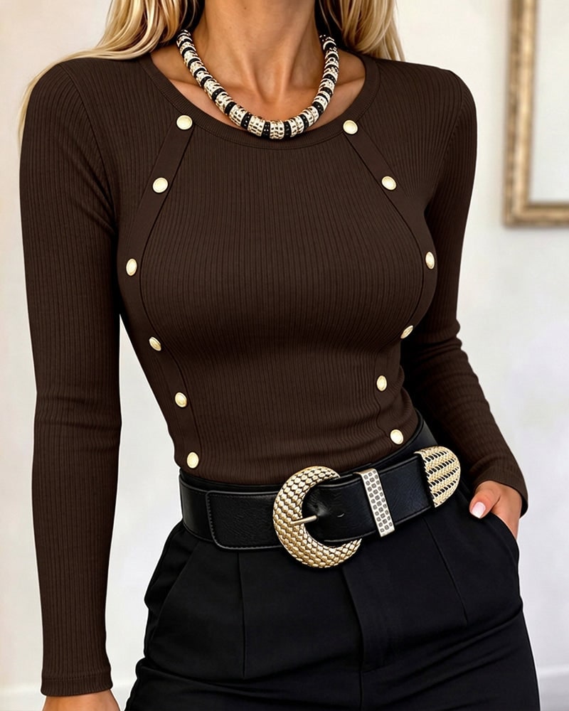 Women's Gold Button Long Sleeve Crewneck Ribbed Knit Slim Fit Top