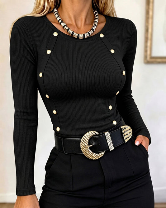Women's Gold Button Long Sleeve Crewneck Ribbed Knit Slim Fit Top