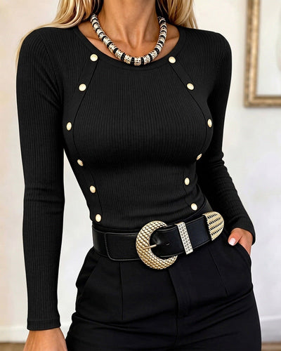 Chicme Women's Gold Button Long Sleeve Crewneck Ribbed Knit Slim Fit Top