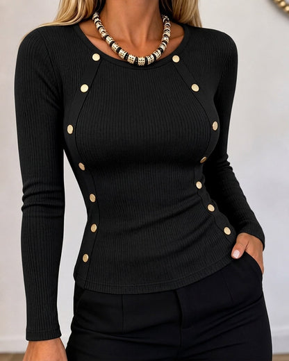 Women's Gold Button Long Sleeve Crewneck Ribbed Knit Slim Fit Top