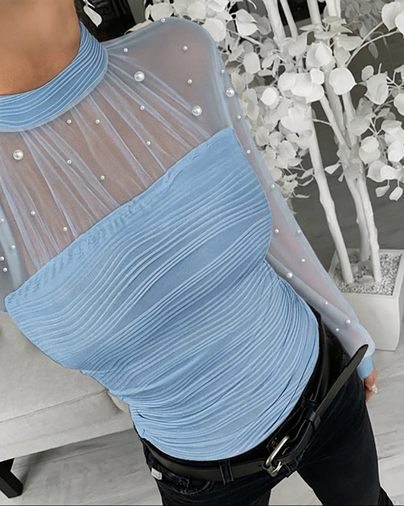 Pearls Decor Mock Neck Sheer Mesh Spliced Ruched Tee Hollow-out Back Slim Fit Textured Top
