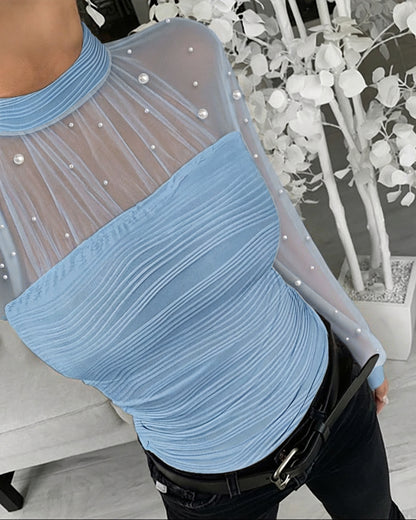 Pearls Decor Mock Neck Sheer Mesh Spliced Ruched Tee Hollow-out Back Slim Fit Textured Top