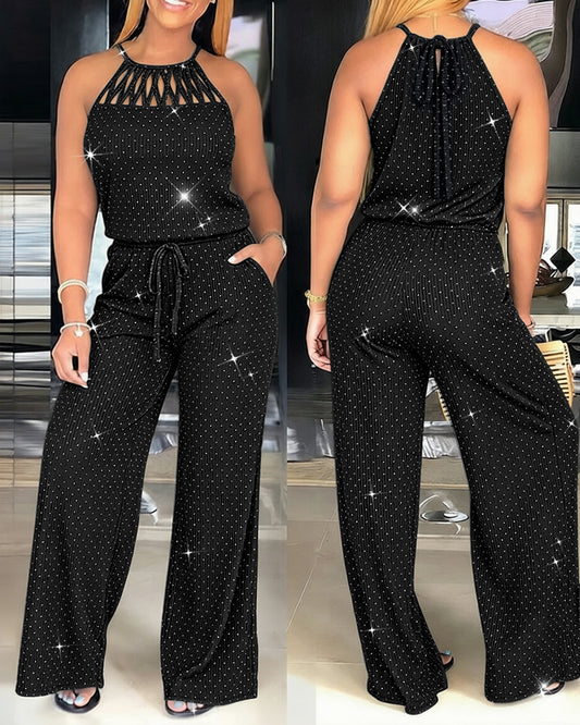 Women's Rhinestone Halter Tie Jumpsuit Casual Hollow Out Wide Leg Overalls Sparkling Drawstring Waist Jumpsuit with Pockets