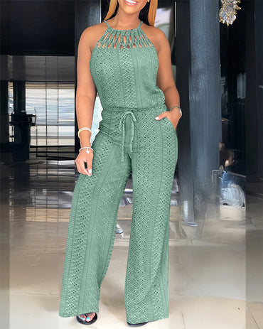 CHICME Women's Halter Tie Knit Jacquard Jumpsuit Hollow-Out Criss-Cross Front Wide-Leg Romper with Adjustable Drawstring Waist