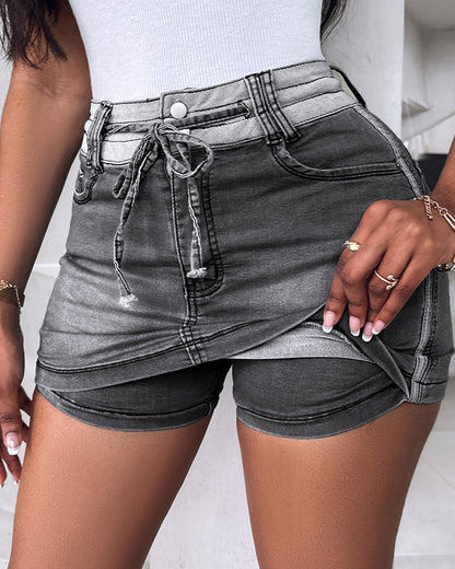 Contrast Paneled Zipper Fly Drawstring Elastic Waist Casual Denim Skort