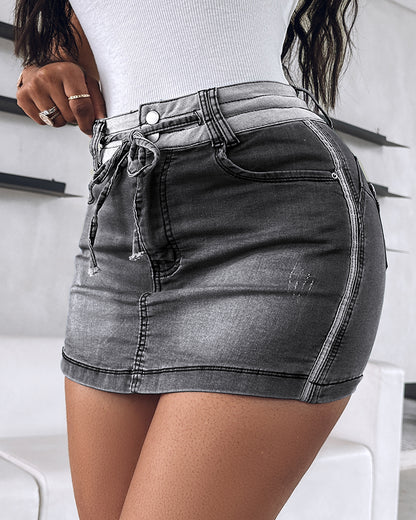 Contrast Paneled Zipper Fly Drawstring Elastic Waist Casual Denim Skort