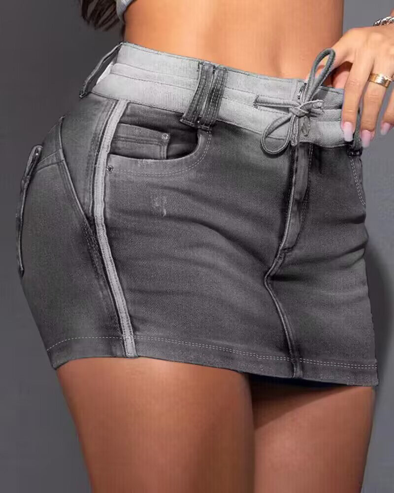 Contrast Paneled Zipper Fly Drawstring Elastic Waist Casual Denim Skort