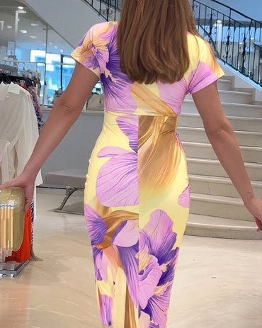 Women's Floral V-Neck Midi Dress Slim Fit Ruched Slit Dress Casual Short Sleeve Vacation Dress