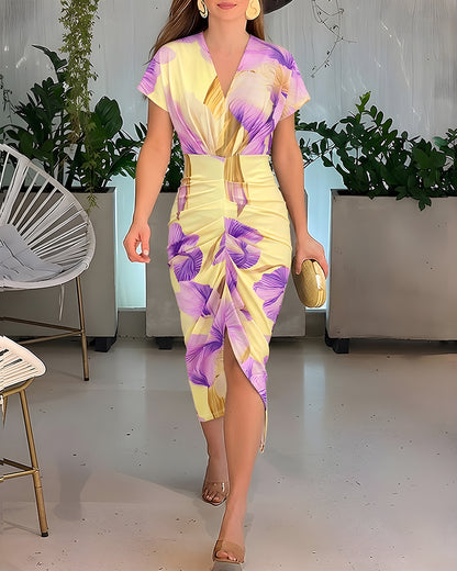 Women's Floral V-Neck Midi Dress Slim Fit Ruched Slit Dress Casual Short Sleeve Vacation Dress