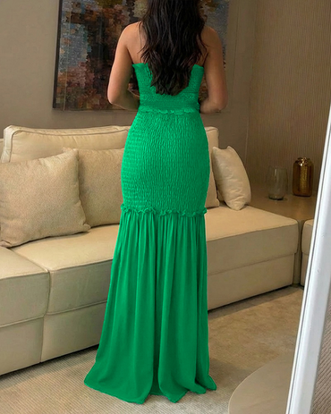 Sweetheart Neck Frill Trim Shirred Slim Fit Maxi Dress Elegant Cutout Front Mermaid Hem Evening Dress