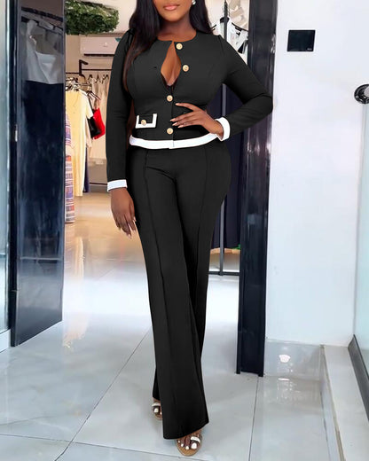 2 Pieces Outfit Contrast Paneled Single Breasted Flap Detail Crop Top and Elastic Waist Seam Front High Waist Pants Set Casual Commuting Set