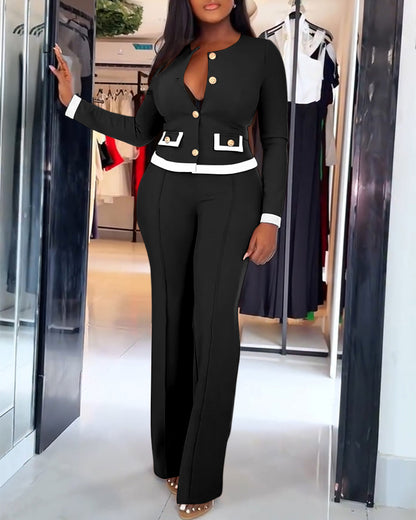 2 Pieces Outfit Contrast Paneled Single Breasted Flap Detail Crop Top and Elastic Waist Seam Front High Waist Pants Set Casual Commuting Set