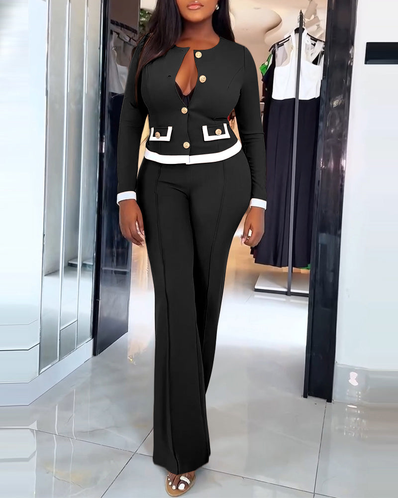 2 Pieces Outfit Contrast Paneled Single Breasted Flap Detail Crop Top and Elastic Waist Seam Front High Waist Pants Set Casual Commuting Set