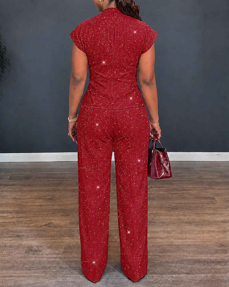 Conjunto de 2 piezas con textura brillante para mujer, top con escote en V, manga corta retorcida y abertura, con pantalones rectos de cintura alta