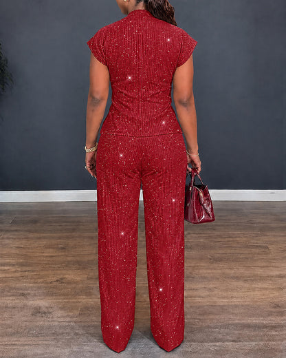 Conjunto de 2 piezas con textura brillante para mujer, top con escote en V, manga corta retorcida y abertura, con pantalones rectos de cintura alta