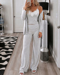 Women's 3 Piece Outfits Lace Cami Top and Long Sleeve Cardigan and Straight Leg Pants Set Casual Lounge Sleepwear Suits