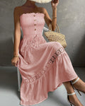 Women's Strapless Shirred Maxi Dress Lace Splice Tied Detail Frill Trim Sundress with Detachable Clear Straps