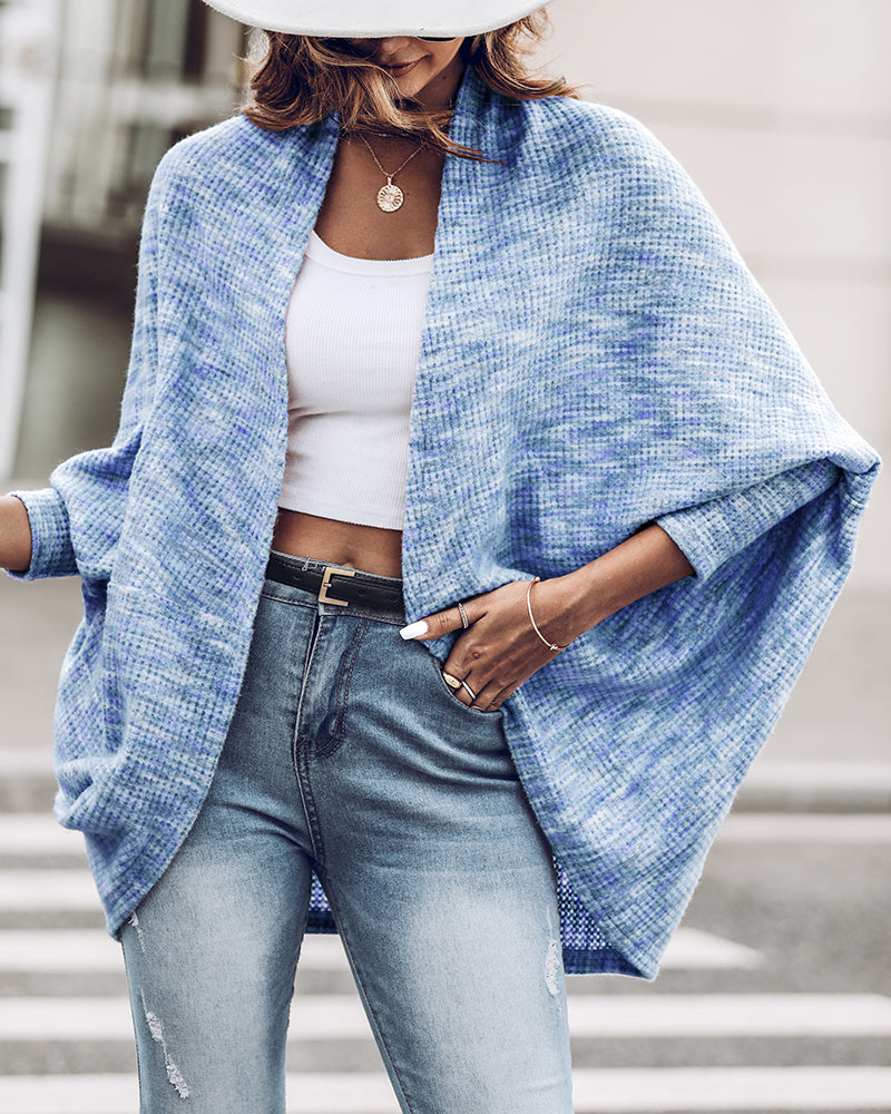 Colorful Waffle Knit Open Front Coat Batwing Long Sleeve Cardigan