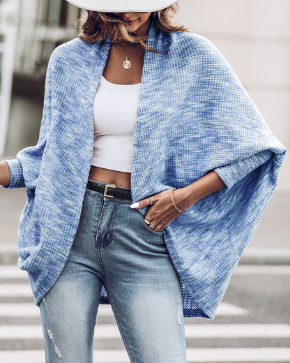 Colorful Waffle Knit Open Front Coat Batwing Long Sleeve Cardigan