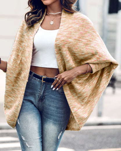 Colorful Waffle Knit Open Front Coat Batwing Long Sleeve Cardigan
