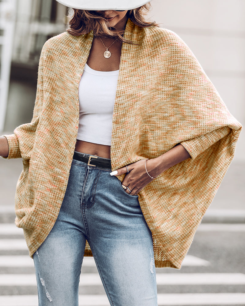 Colorful Waffle Knit Open Front Coat Batwing Long Sleeve Cardigan