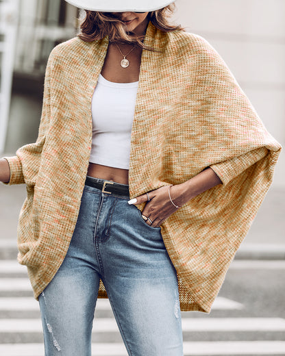 Colorful Waffle Knit Open Front Coat Batwing Long Sleeve Cardigan