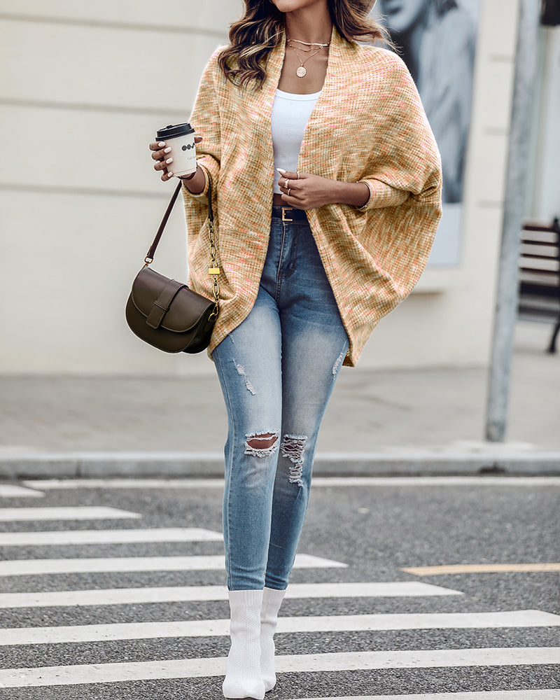 Colorful Waffle Knit Open Front Coat Batwing Long Sleeve Cardigan
