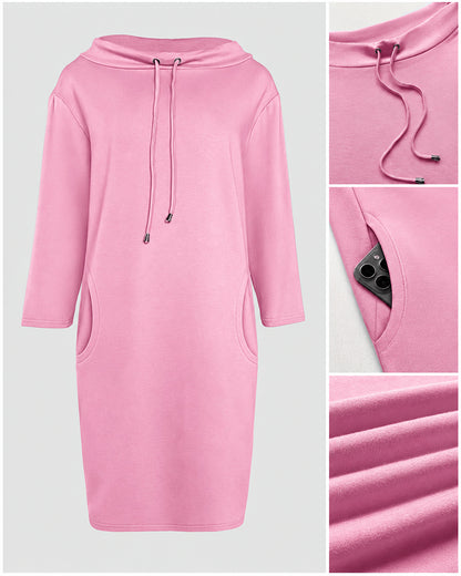 Stand Collar Drawstring Three Quarters Sleeve Casual Sweatshirt Dress