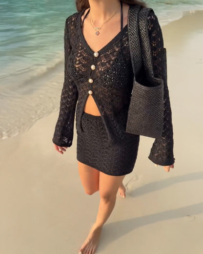 2 Pieces Outfit Deep V Neck Flare Sleeve Half Pearl Button Front Slit Top And Elastic Waist Skirt Set Casual Slim Fit Knit Set