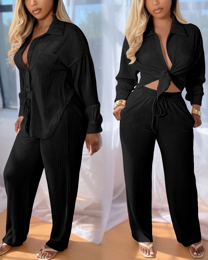 2 Pieces Outfit Turn-down Collar Button Front Pocket Design Asymmetrical Hem Top and Drawstring Elastic Waist Wide Leg Pants Set Casual Textured Set