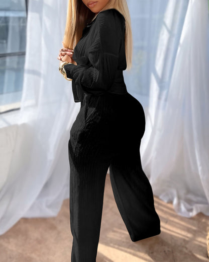 2 Pieces Outfit Turn-down Collar Button Front Pocket Design Asymmetrical Hem Top and Drawstring Elastic Waist Wide Leg Pants Set Casual Textured Set