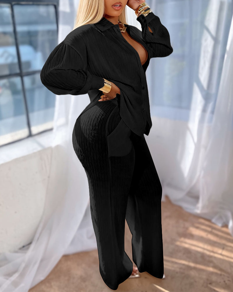 2 Pieces Outfit Turn-down Collar Button Front Pocket Design Asymmetrical Hem Top and Drawstring Elastic Waist Wide Leg Pants Set Casual Textured Set