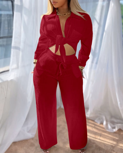 2 Pieces Outfit Turn-down Collar Button Front Pocket Design Asymmetrical Hem Top and Drawstring Elastic Waist Wide Leg Pants Set Casual Textured Set