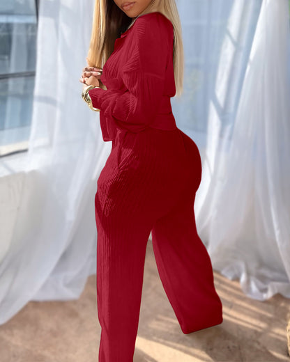 2 Pieces Outfit Turn-down Collar Button Front Pocket Design Asymmetrical Hem Top and Drawstring Elastic Waist Wide Leg Pants Set Casual Textured Set