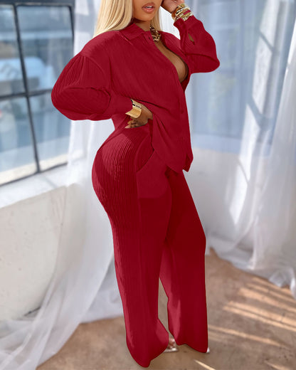 2 Pieces Outfit Turn-down Collar Button Front Pocket Design Asymmetrical Hem Top and Drawstring Elastic Waist Wide Leg Pants Set Casual Textured Set