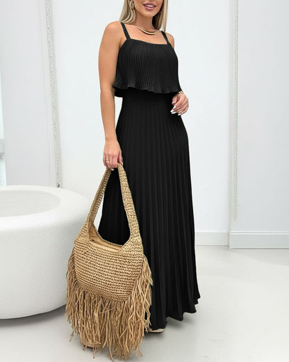 French Style Adjustable Spaghetti Straps Pleated Overlay Design Cami Dress Casual Cinched Waist Shirred Back Pleated Vacation Dress