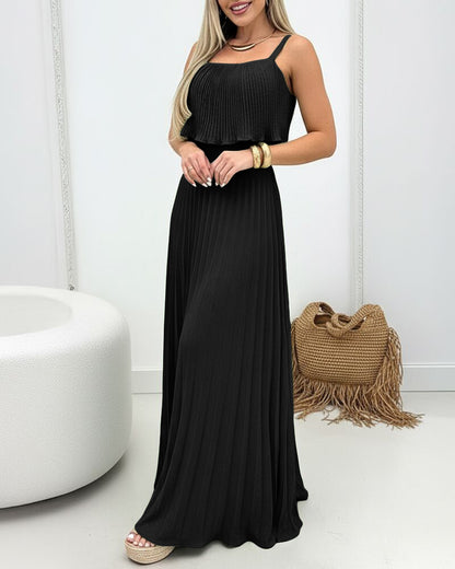 French Style Adjustable Spaghetti Straps Pleated Overlay Design Cami Dress Casual Cinched Waist Shirred Back Pleated Vacation Dress