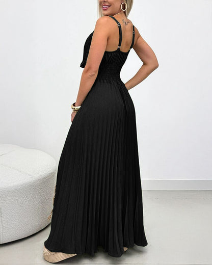 French Style Adjustable Spaghetti Straps Pleated Overlay Design Cami Dress Casual Cinched Waist Shirred Back Pleated Vacation Dress