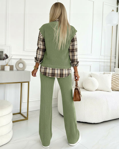 Vintage Plaid Print Spliced Turn-down Collar Long Sleeve Faux Two-Piece Top and Elastic Waist Pants Set Casual Ribbed Brushed Commuting Set