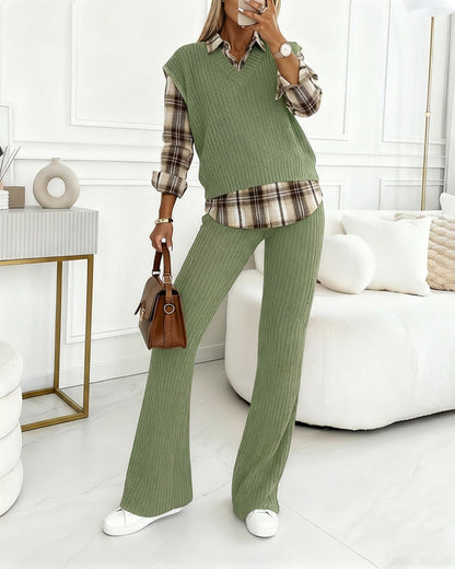 Vintage Plaid Print Spliced Turn-down Collar Long Sleeve Faux Two-Piece Top and Elastic Waist Pants Set Casual Ribbed Brushed Commuting Set