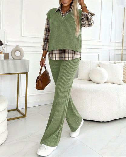 Vintage Plaid Print Spliced Turn-down Collar Long Sleeve Faux Two-Piece Top and Elastic Waist Pants Set Casual Ribbed Brushed Commuting Set