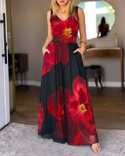 Women's Floral Print Mesh Jumpsuit V Neck Shirred Waist Wide Leg Overalls Backless Sleeveless Jumpsuit with Pockets