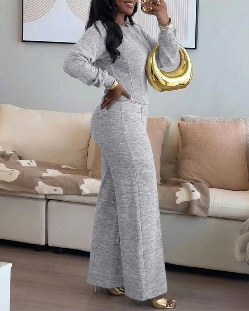 2 Pieces Outfit O-neck Long Sleeve Cinched Waist Sweatshirt and Elastic Waist Wide Leg Pants Set Casual Seam Design Sweatpants Set