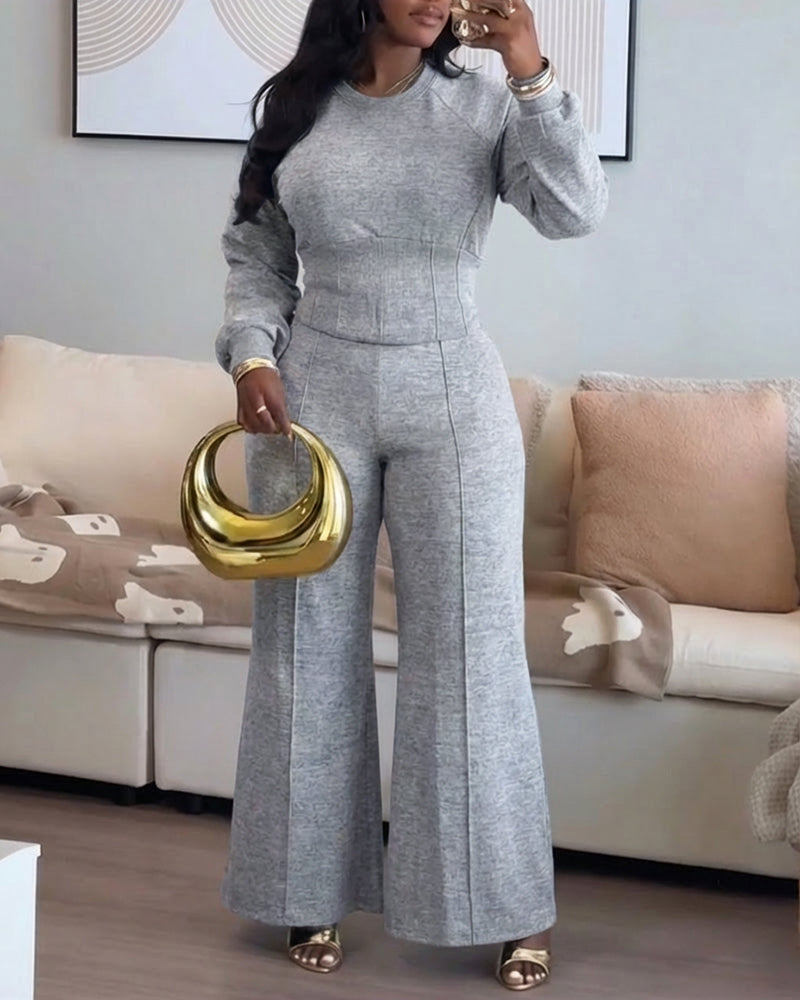 2 Pieces Outfit O-neck Long Sleeve Cinched Waist Sweatshirt and Elastic Waist Wide Leg Pants Set Casual Seam Design Sweatpants Set